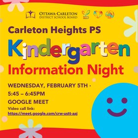 A blue smiley face against a yellow and red background. Text reads, &quot;Kindergarten Information Night&quot;